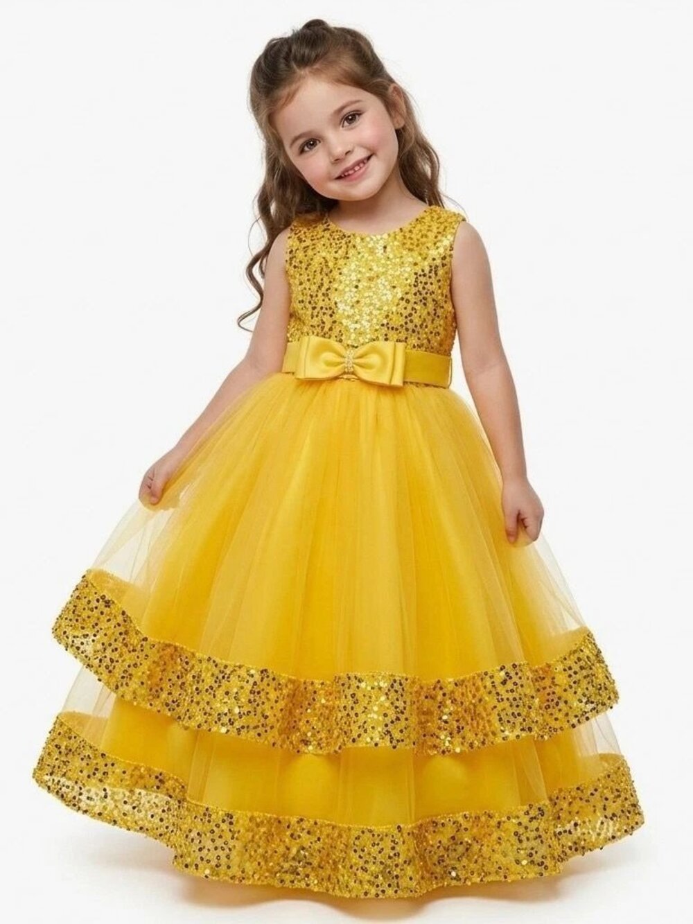 Girls Belle Princess Costume Dress Yellow Gold Sequin Tulle Birthday Party